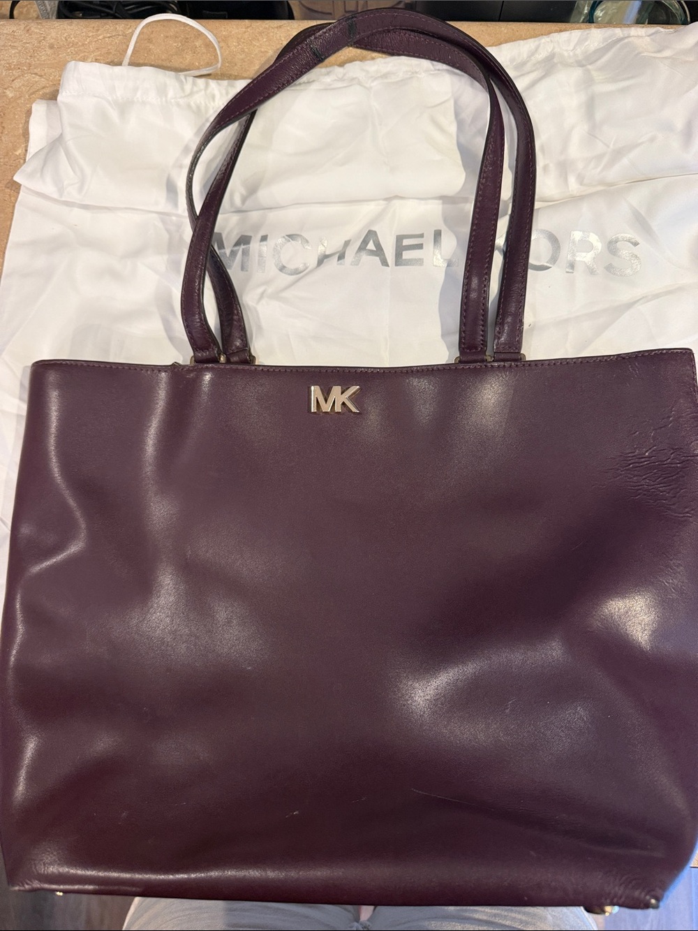 Michael Kors Deep Plum Leather Tote with Gold MK Hardware